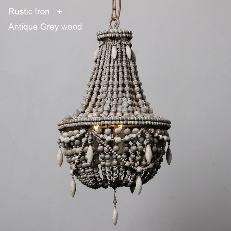 Antique Boho White Wood Bead Chandelier - Hyggeh